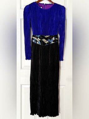 Vintage 70s/80s Ricki Lang for Steven Stoller Pleated Gown Beaded Waist Sz 8 USA